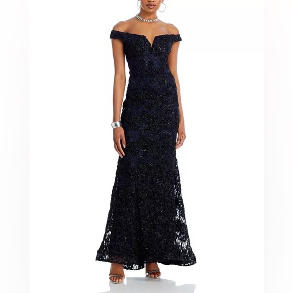 Aqua 
Off-the-Shoulder Embellished Lace Gown - Exclusive - Picture 1 of 11